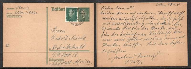 Germany, 8pf stationery card, uprated with 8pf, LUBEN (SCHLESIEN)b 7.12.30 cds > LUDERITZ S.W.Afric