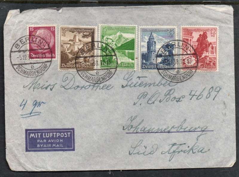 Germany, air 4gr, 65pf, BERLIN SCHMARGENDORF 5.12.38 cds, >S.W. Africa, Winter Relief stamps 3+2, 5