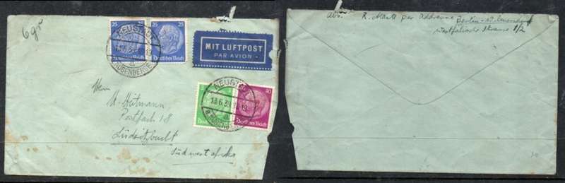 Germany, air 6gr, 95pf, NEUSTAD 13.6.39 >S.W. Africa,