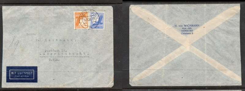 Germany, air 8gr, eagles, 95pf, HAMBURG 15.11.38 >S.W. Africa, Perfin HVW: H.von WICHMANN KOM.-GES.