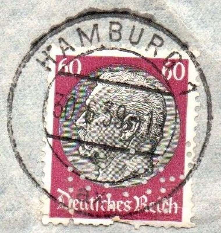 Germany, air 4gr, Hindenberg 60pf, HAMBURG 10.6.39 >S.W. Africa, Perfin HVW: H.von WICHMANN KOM.-GE