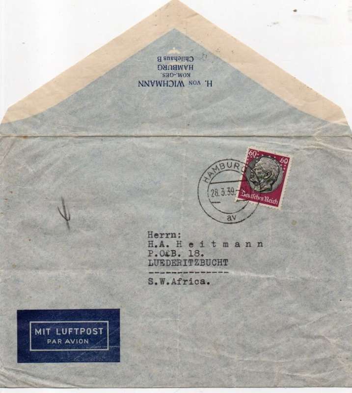 Germany, air, 4gr, Hindenberg 60pf, HAMBURG28.3.39 >S.W. Africa, Perfin HVW: H.von WICHMANN KOM.-GE