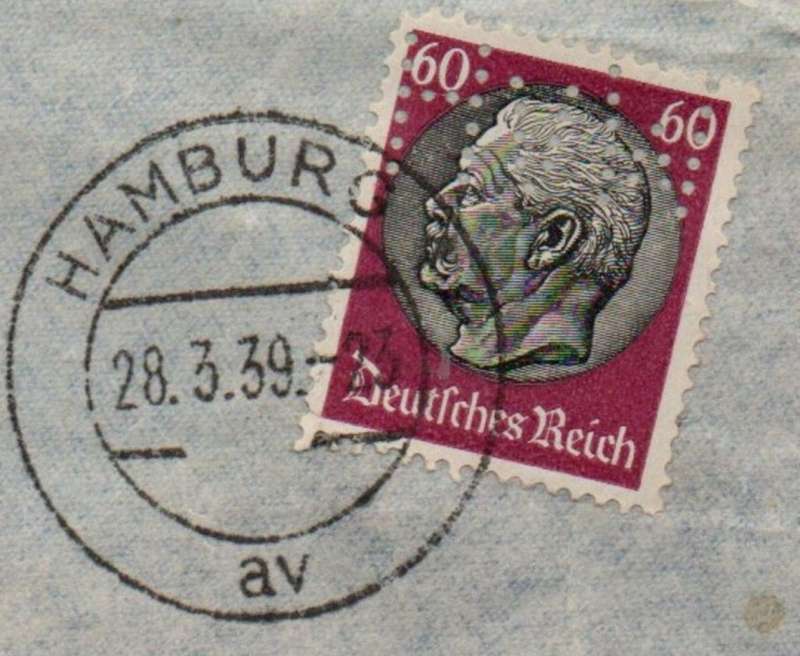 Germany, air, 4gr, Hindenberg 60pf, HAMBURG28.3.39 >S.W. Africa, Perfin HVW: H.von WICHMANN KOM.-GE