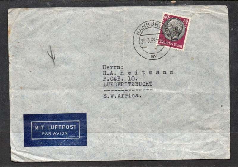 Germany, air, 4gr, Hindenberg 60pf, HAMBURG28.3.39 >S.W. Africa, Perfin HVW: H.von WICHMANN KOM.-GE