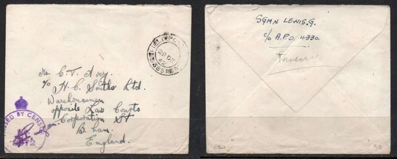 Great Britain, GVIR, WWII cover FIELD POST OFFICE 385 29 DE 42 c,d,s,, Crowned Circle PASSED BY CEN