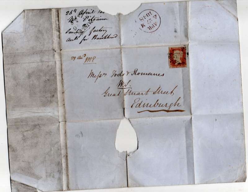 Great Britain, Scotland, imperf 1d red PAISLEY AP 26 1848 (boxed, reverse) >EDINBURGH, mute APR 27