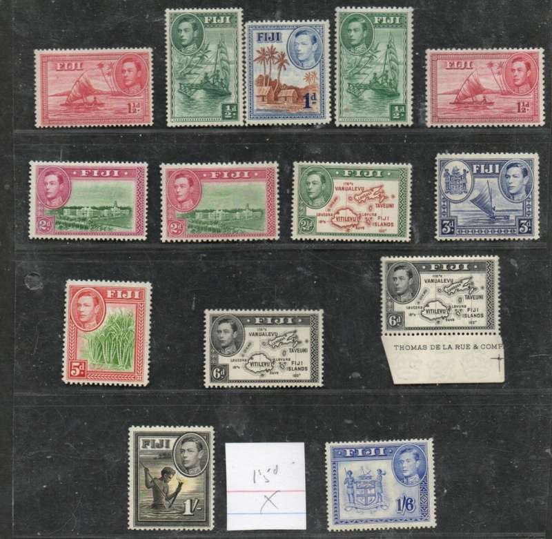 Fiji, GVIR, 1938 > definitives, 1/2d - 1`6, (ex 2d,5 1/2d, 8d,), includes 6d scarce shade) MH *