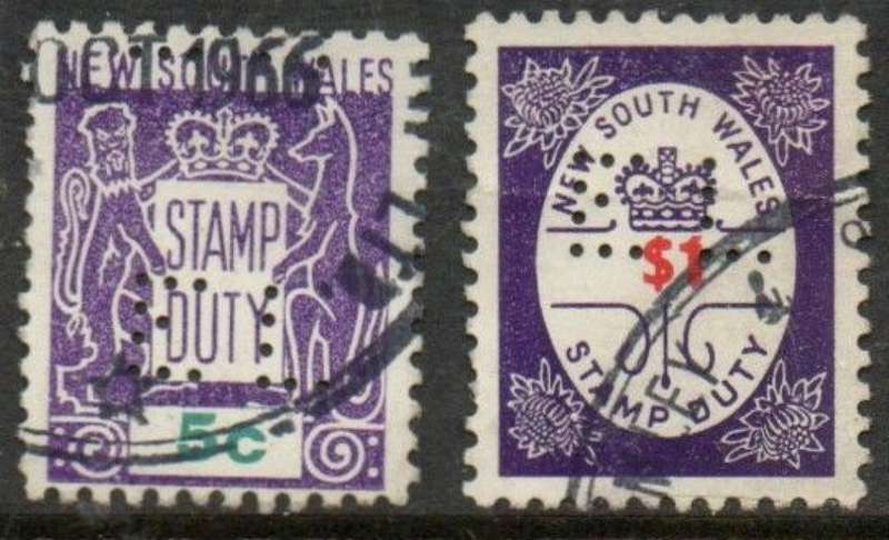 Australia, New South Wales, Stamp Duty, 1966,5c, $1, perfined E L , used