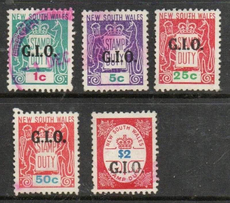 Australia, New South Wales, Stamp Duty, 1966, 1c, 5c, 25c,50c, $2, overprinted G.I.O. (General Insu