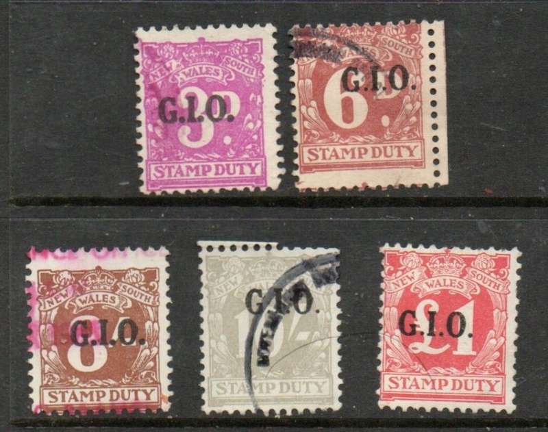 Australia, New South Wales, Stamp Duty, 1929 >,3d, 6d 8d, 10/,£1, overprinted G.I.O. (General Insu