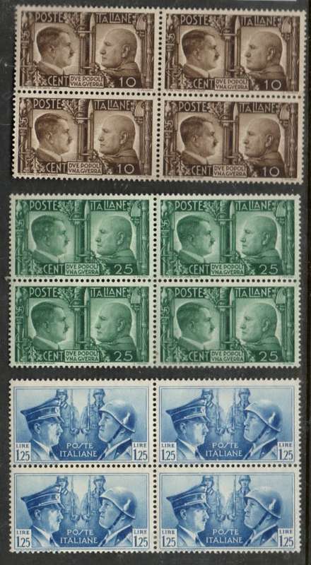 Italy,1941 Italy - Germany friendship 10c, 25c, 1L25, blocks of 4 , MNH