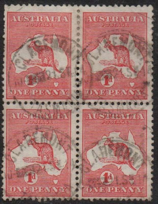 Australia, GVR, Kangaroo, 1913, 1d carmine, block of 4, used