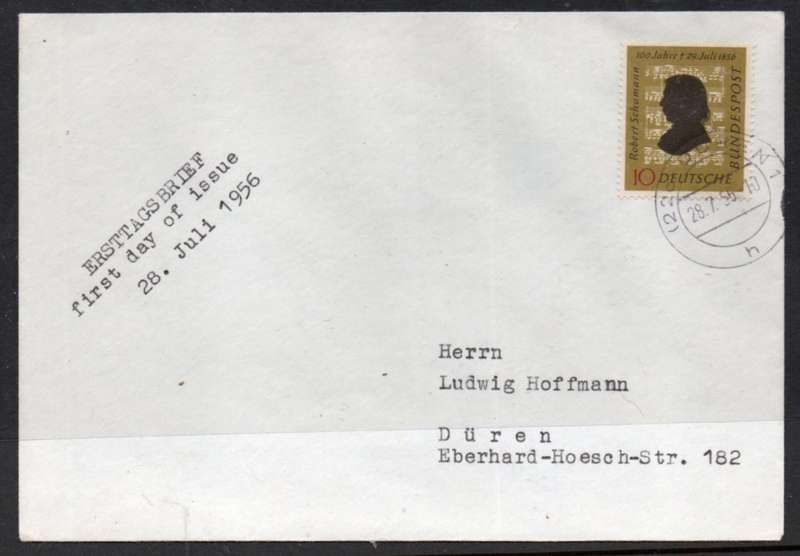 Germany, plain, private First Day Cover, Schumann centenary, DUREN 28.7.56 c.d.s.