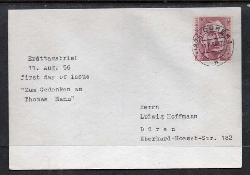 Germany, plain, private First Day Cover, Thomas Mann, DUREN11.8.56 c.d.s.