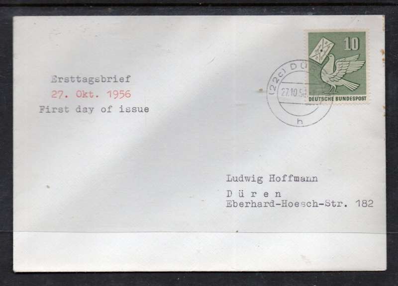 Germany, plain, private First Day Cover, Stamp Day DUREN 27.10.56 c.d.s.