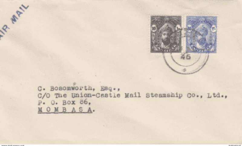 Zanzibar, Victory issue, 10c, 30c First Day Cover, ZANZIBAR 11 NO 46 c.d.s., air mail > Mombasa