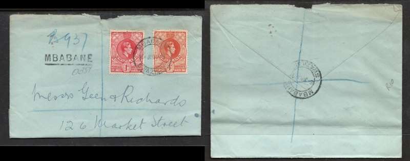 Swaziland,GVIR, 5d, (1 x4d, 1x1d) registered cover MBABANE 6 JUN 38 .> Johannesburg,