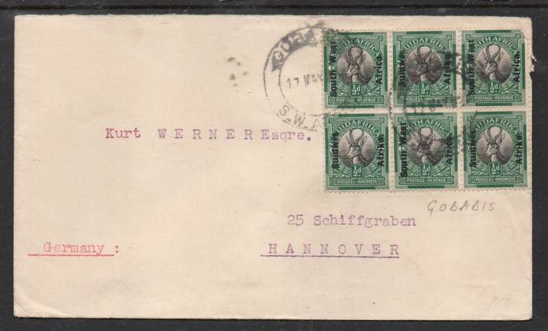 Souith West Africa opt on 1/2d of S.Africa, block of 6, 3d cover, GOBABIS 17 MAY ?? > Germany