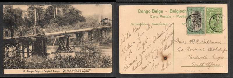 Belgian Congo, Pont de la Lukuladans le Mayumbe 5c stationery card +5c adh. BUKAMA 22 SEPT ???>