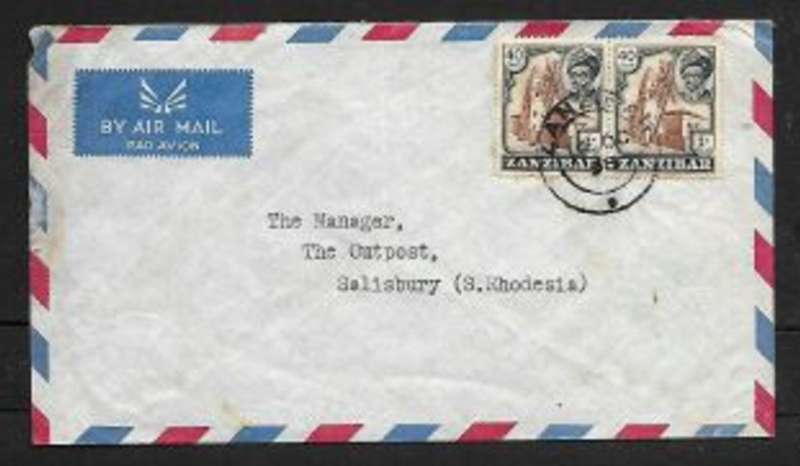 Zanzibar, 80 cents, cover, air mail, ZANZIBAR14 OC 58 > Salisbury, S. Rhodesia