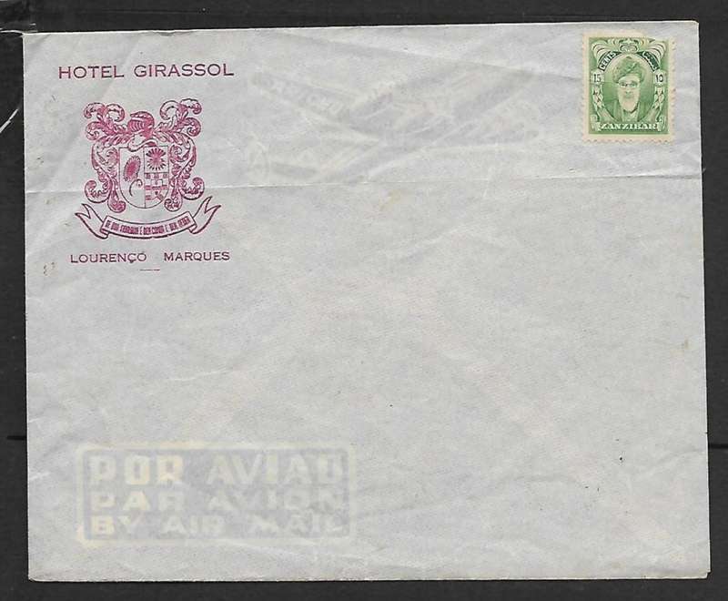 Mozambique air mail envelope imprinted HOTEL GIRASSOL LOURENCO MARQUES + Zanzibar 15c stamp, not pos