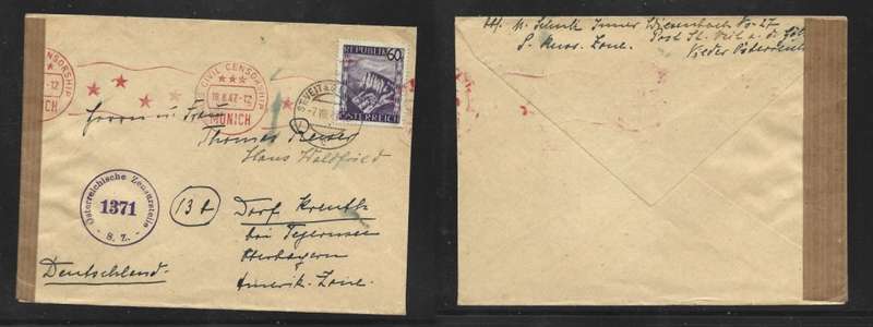 Austria, 60g ST VEIT 7 VII 47 > Germany, OSTERFICHISCHE ZENSURSTELLE 1371, U.S. CIVIL CENSORSHIP MU