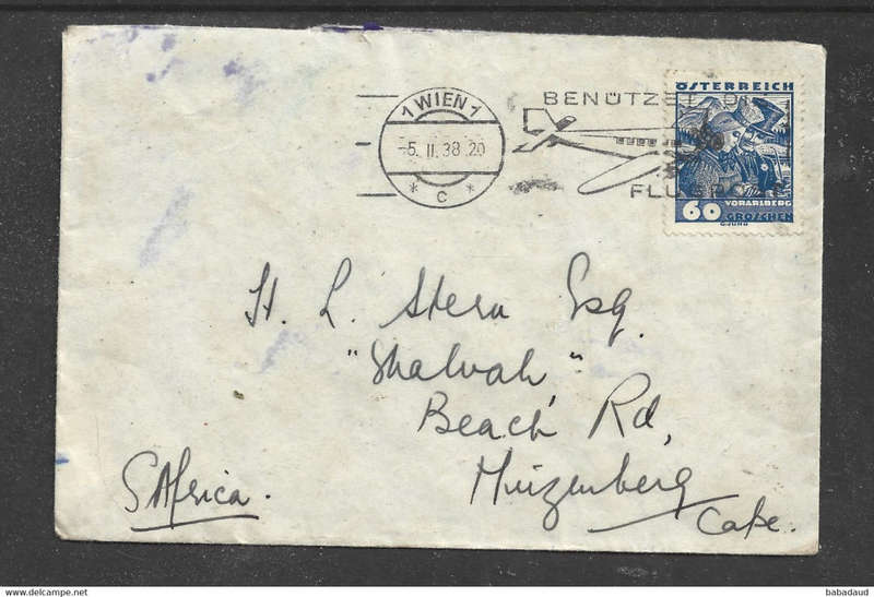 Austria, 60gr cover > S.Africa, 1 WIEN 1 5.II 38 + slogan with aeroplane BENUTZETDIE FLUGPOST