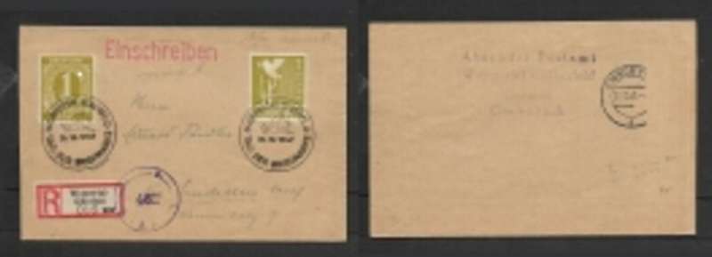Germany, 2 x 1DMk, WUPPERTAL-ELBERFELD TAG DER BRIEFMARK 26.10.47 > EMSDETTEN, registered, Austrian