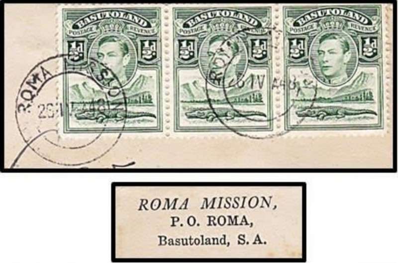 Basutoland, GVIR, cover, 1 1/2d, ROMA MISSION 26 IV 48 c.d.s. > Durban,