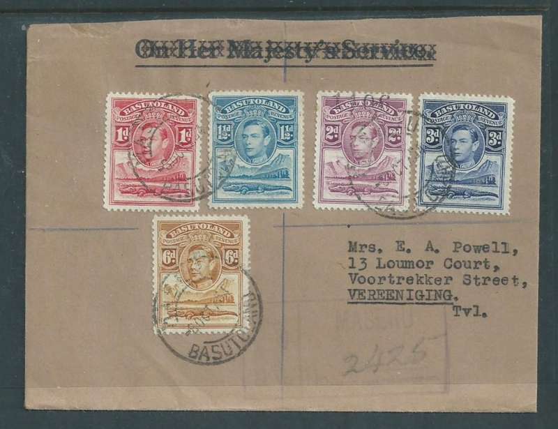 Basutoland, GVIR, 1s 1 1/2d, registered MASERU 30 OCT 54 c.d.s. > VEREENIGING 11 X 54 (S.Africa)
