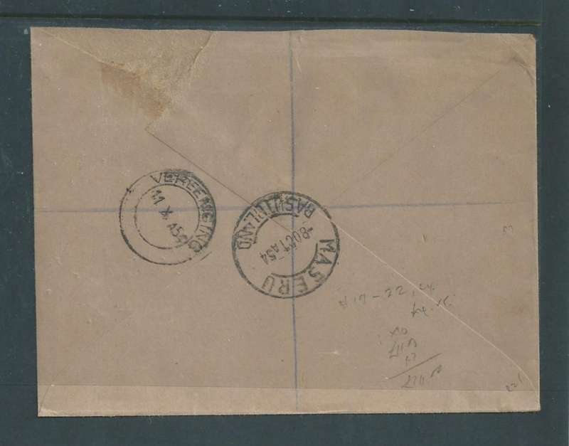 Basutoland, GVIR, 1s 1 1/2d, registered MASERU 30 OCT 54 c.d.s. > VEREENIGING 11 X 54 (S.Africa)