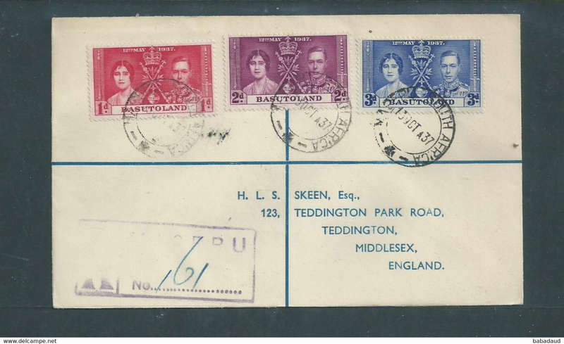Basutoland, GVIR Coronation cover registered MASERU SOUTH AFRICA13 OCT 37 > TEDDINGTON MIDDX 25 OCT