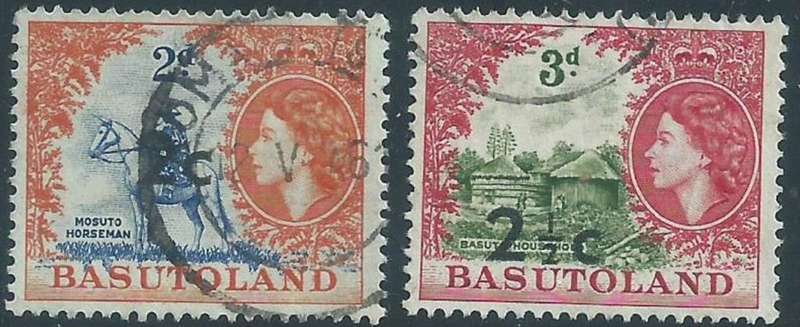 Basutoland EIIR, 1961, currency changes, 2c on 2d, 2 1/2c on 3d, used