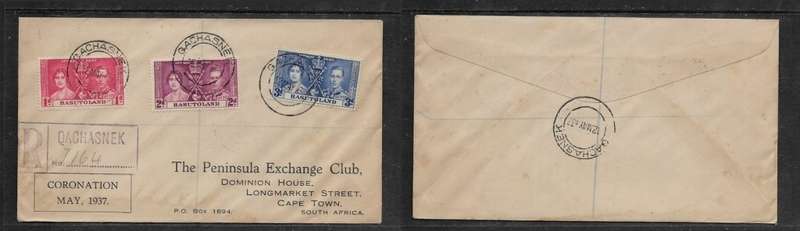 Basutoland, 1937 George VI coronation First Day Cover, QACHASNEK .c.d.s., registered > S.Africa