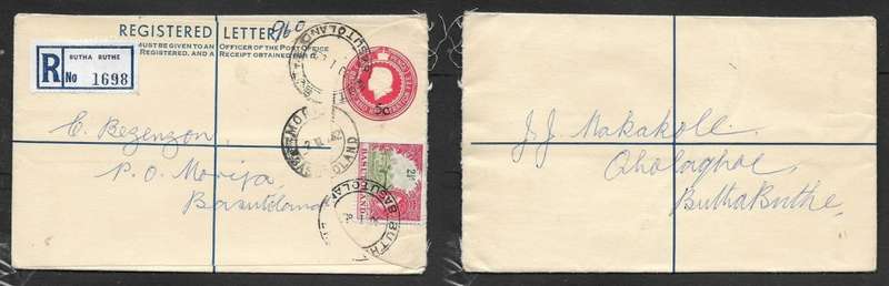 Basutoland EIIR 1961, 6d registered envelope + 2 1/2d stamp used BUTHABUTHE 30 I 62 > MOJIRA