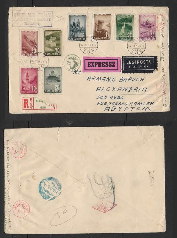 Express Air Mail Registered, Legiposta set, KISPEST 21 SEP 48 > ALEXANDRIA (Egypt), censor label,