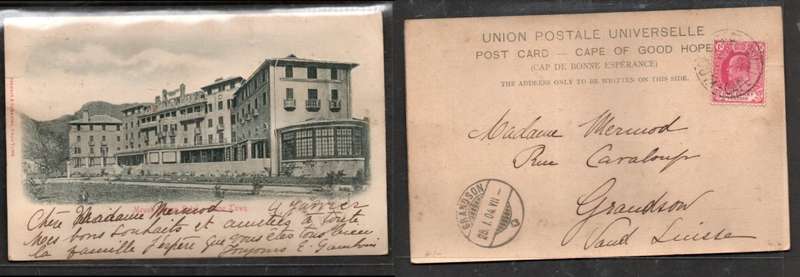 South Africa, Mount Nelson Hotel, Cape Town, used 1d, WORCESTER STATION ?? > GRANDSON , Switzerland