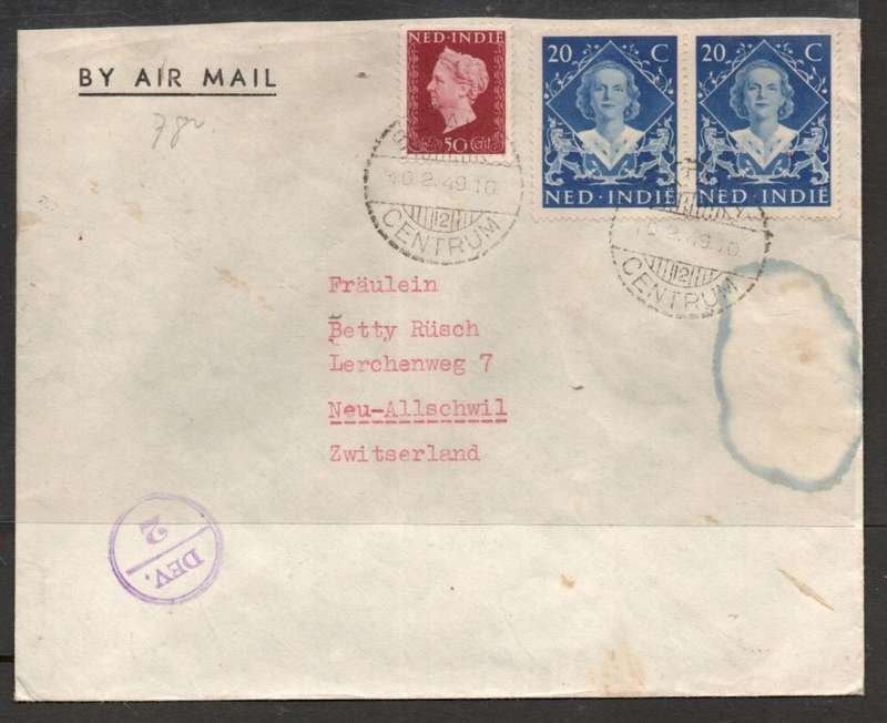 Netherlands Indies, air mail, multi colour franking, 90c, BATAVIA 10 2 49, cds > Switzerland