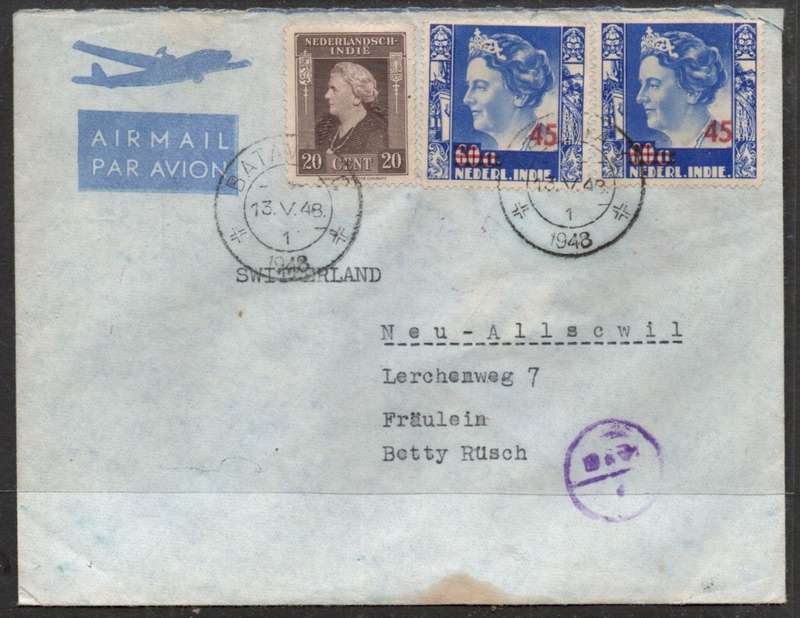 Netherlands Indies, air mail, multi colour franking, 110c, BATAVIA 13 V 1948, cds > Switzerland