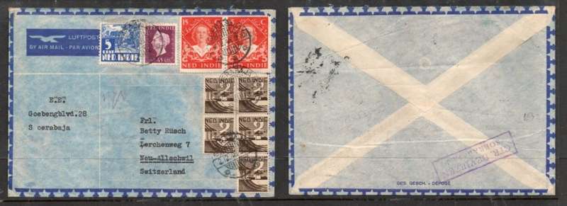Netherlands Indies, air mail, multi colour franking, 95c, SOERABAJA 2.12.48, cds > Switzerland