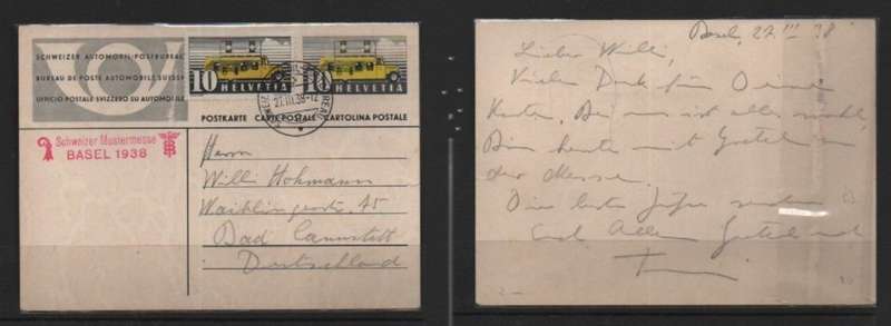 SCHWEIZER AUTOMOBIL POSTBUREAU 27 III, 38 c,d,s on 10c postalcard > Germany