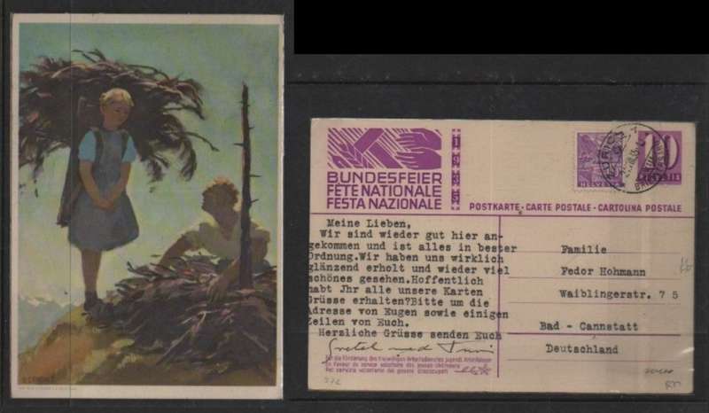 Switzerland, Bundesfeier, 10c postal card + 10c adhesive, used ZURICH 21 VIII 35cds > Germany