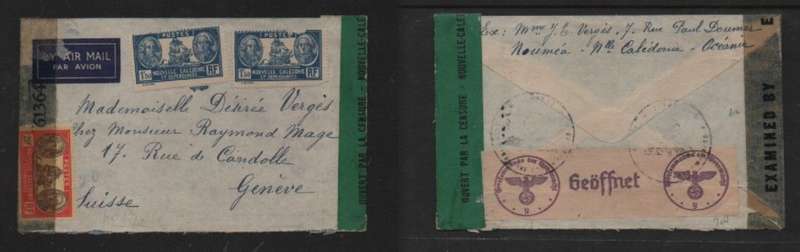 New Caledonia, air mail, 23 Fr, > Switzerland , 3 censor labels, 2 cachets, no dates.