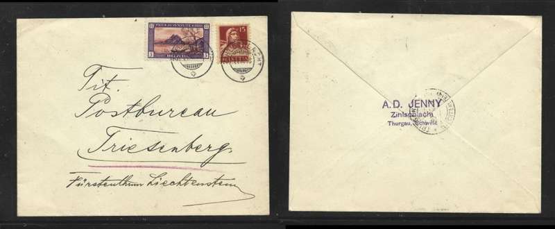Switzerland, 5c 1929 Pro Juventute + 15c, ZIHLSCHLACH 21 XII 29 > LIECHTENSTEIN 22 XII 29