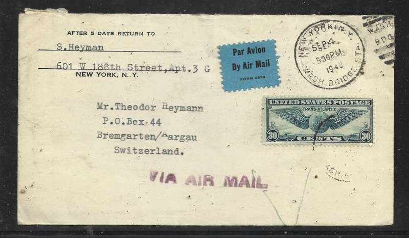 USA, 30c NEW YORK WASH BRIDGE STA SEP 4 1940 > Switzerland