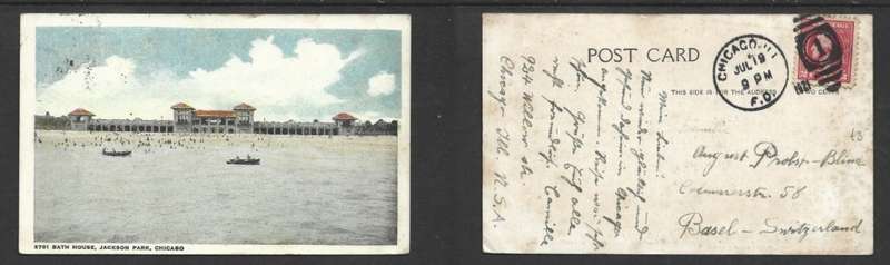USA, Bath House, Jackson Park, Chicago, used 2c, CHICAGO F.D. JUL 19 1921 duplex 1 > Switzerland