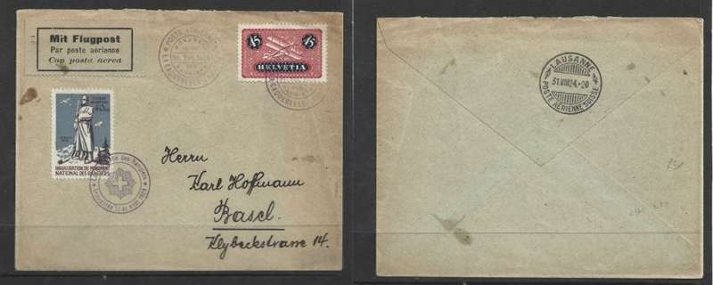 Switzerland, 45c + 40c Inauguration National Rangers Monument, Air Mail, LA CAQUERELLE LAUSANNE 31