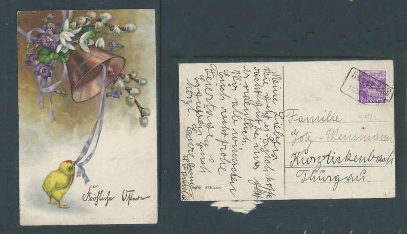 Easter, chick will bell, used Switzerland, 10c, RAGAZ S B D 13 APR 36 boxed cancel