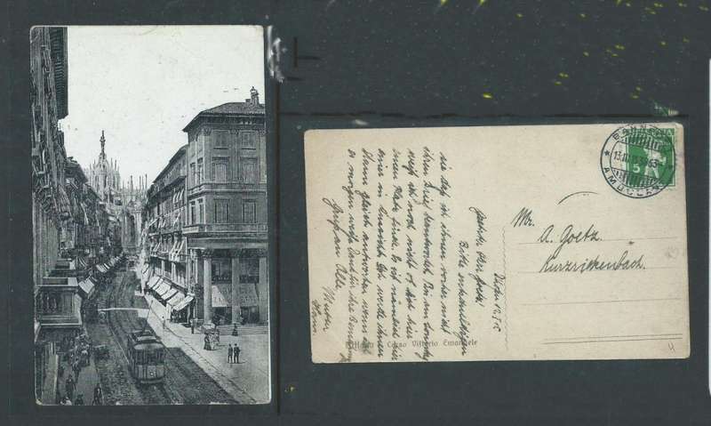 Italy, Milan Corso Vittorio Emmanuel, used n Switzerland 5c BAHNPOST AMBULANT 13 111 38 c.d.s.