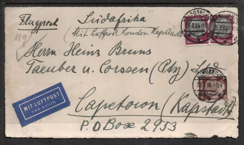 Germany air mail, front fragment 1MK 30pf (2 x 60pf, 1 x 10pf Hindenburg), RENDSBURG 25.2.35 c.d.s.